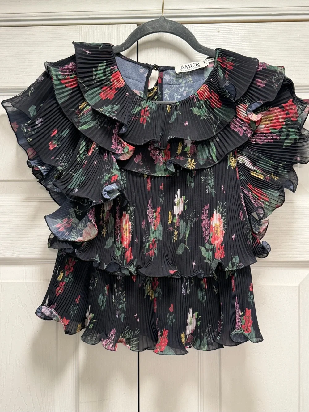 AMUR Black Pleated Top with Red and Green Floral Print - Picture 3 of 5
